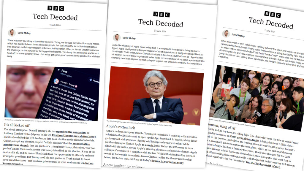 A set of three sample newsletters are arrayed at odd angles in a single image to demonstrate the variety of content included in each edition.
